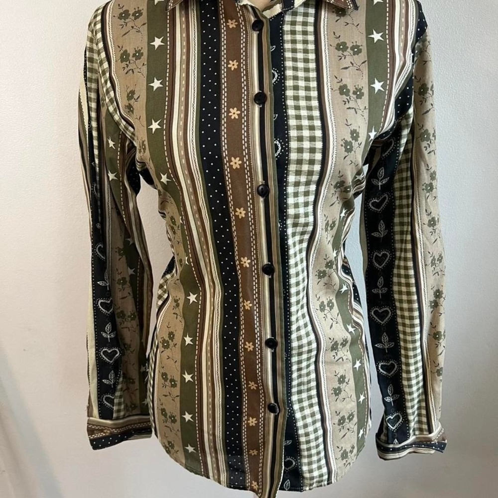 Vintage Tapestry Patchwork Stripe Button Up Shirt Green Brown Stars Hearts Small
